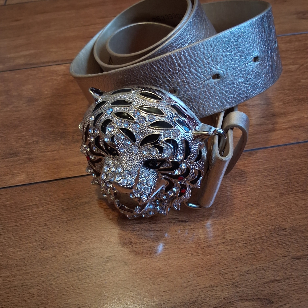 Gold Leather Belt with Silver Tiger Buckle